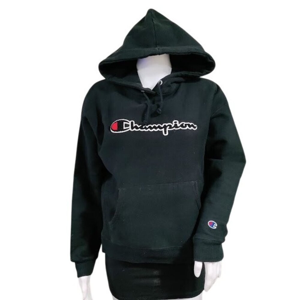 Vintage Champion Reverse Weave Chenille Script Logo Thick Hoodie Black Men's L